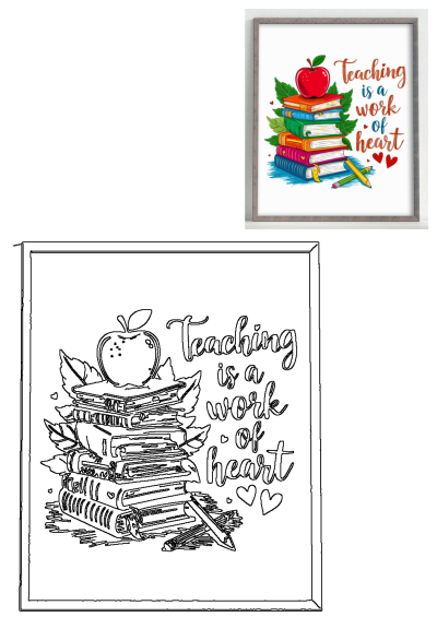 Illustration of a red apple atop stacked colorful books with pencils, leaves, and the quote 'Teaching is a work of heart'.