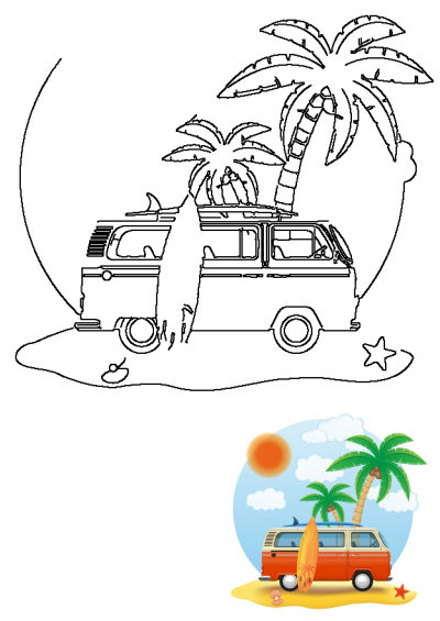 Line art drawing and vibrant colored illustration of an orange van with surfboards and palm trees on a sunny beach, ideal for vacation.