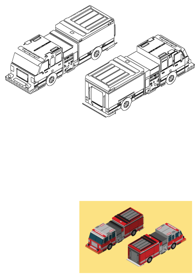 Two red fire trucks in isometric view on a yellow background, alongside their black and white line art outlines.