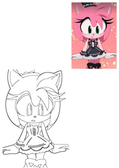 Amy Rose anime character with pink hair and a black dress, presented with its matching black and white line art version.