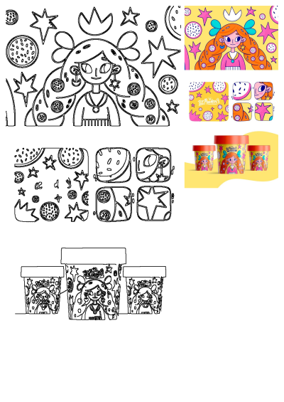 Ice Maidens Dragonfruit Ice Cream Packaging Cartoon Character design, a vibrant girl with stars and fruit on product mockups.