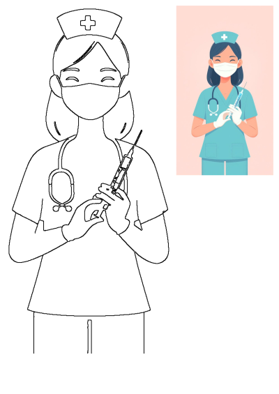 Illustration of a smiling nurse in blue scrubs, mask, cap, and stethoscope, holding a syringe. Also features a line art version.