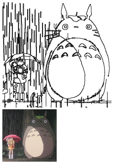 Line art of My Neighbor Totoro rain scene. Satsuki holds an umbrella with Mei on her back, standing beside the large Totoro.