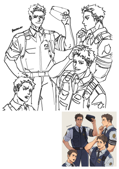 Digital art featuring an anime-style male police officer in various dynamic poses and expressions, wearing a tactical uniform.