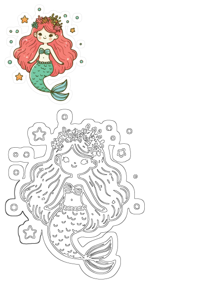 A charming kawaii mermaid illustration with long pink hair, a vibrant flower crown, and a shimmering green tail, surrounded by bubbles.