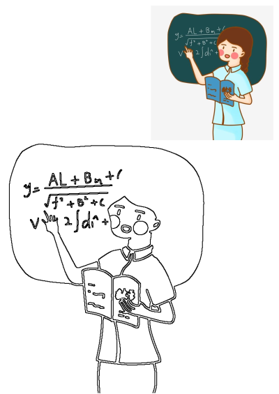 Cartoon illustration of a woman teacher with brown hair and a blue shirt explaining a math formula on a chalkboard, holding a book.