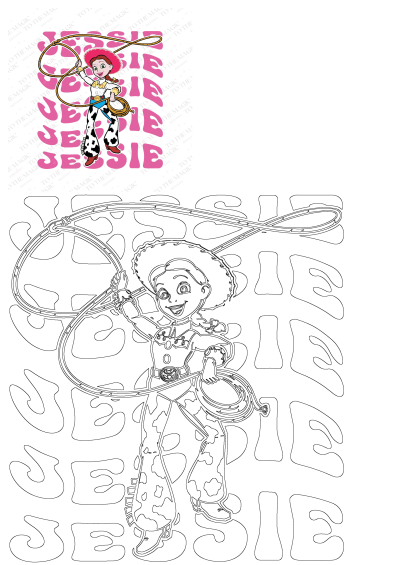 Cowgirl Jessie from Toy Story, with her lasso in a vibrant rodeo graphic and a clean line art outline version.
