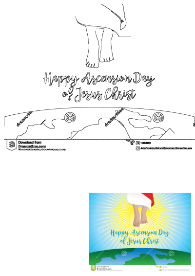 Illustration of Jesus Christ's feet ascending towards a bright sky with sunburst, over Earth. Happy Ascension Day greeting card.