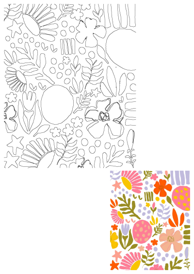 Colorful floral pattern with polka dots on white, featuring abstract flowers, leaves, and shapes, presented as a full outline design and a vibrant color example.
