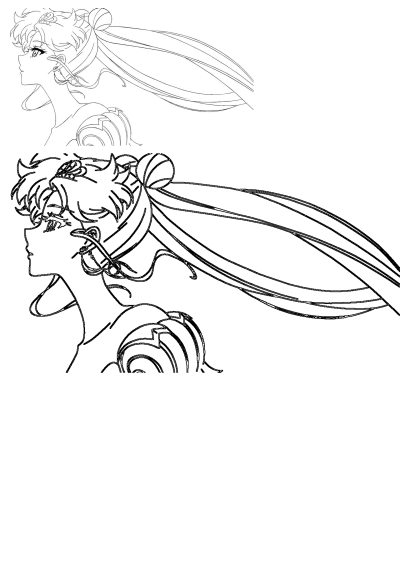 Line art drawing of Sailor Moon in profile, showcasing her iconic long hair, flowing ponytails, and tiara details.