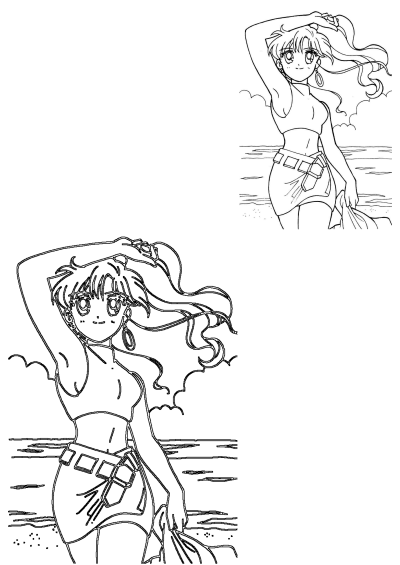 Detailed outline drawing of an anime girl with long, flowing hair posing on a beach, perfect for coloring. She wears a crop top and skirt.