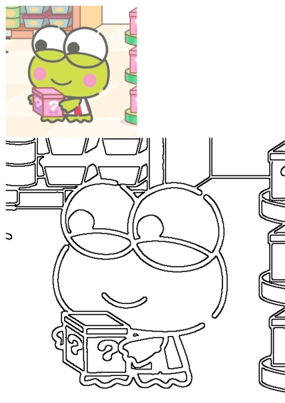 A charming cartoon frog with green skin and pink cheeks smiles, holding a pink mystery box with a question mark on it, set in a store.