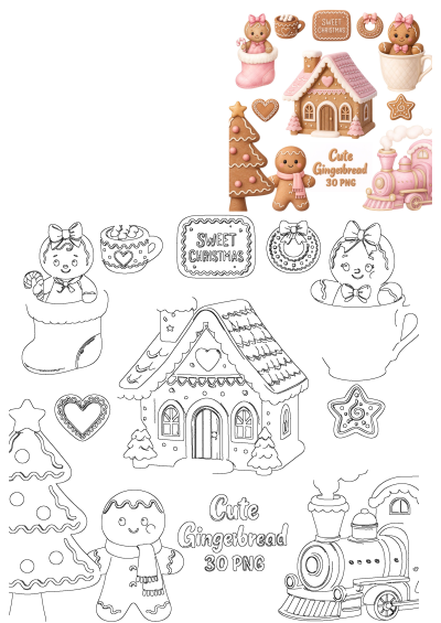 Cute pink gingerbread Christmas illustrations and outlines featuring houses, trees, characters, and festive treats.