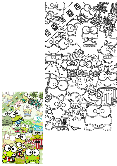 A vibrant collage of Keroppi cartoon characters on a green background, featuring red and white striped elements and various cute poses.