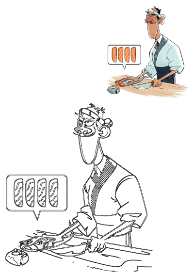 A funny cartoon sushi chef expertly slices fresh salmon on a cutting board, preparing delicious sushi. Includes an outline version.