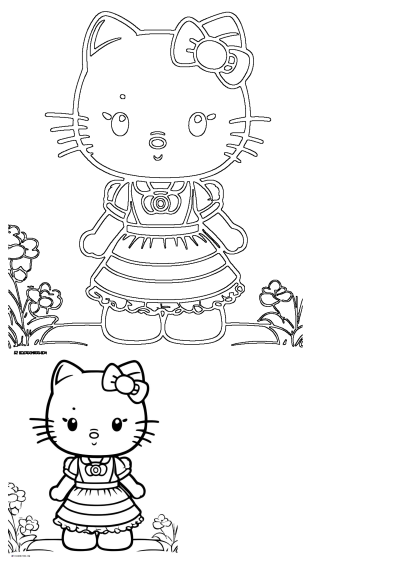 Hello Kitty outline drawing featuring the popular character in a dress and bow, surrounded by blooming flowers, ready to be colored.