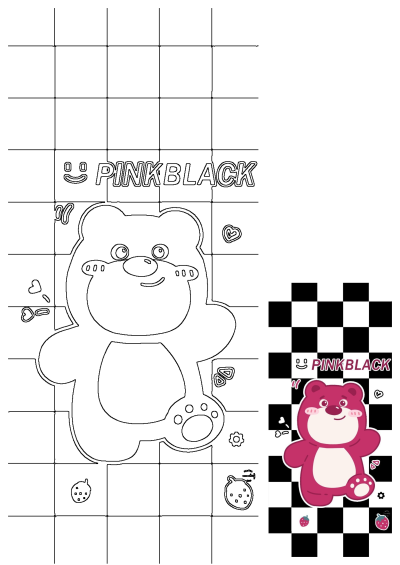 Cute pink teddy bear illustration on a black and white checkered floor with 'PINKBLACK' text, hearts, and strawberries. Includes outline design.
