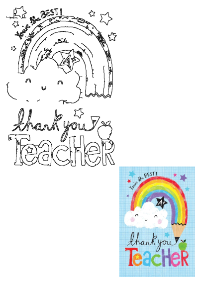 A cheerful Thank You Teacher Card with a vibrant rainbow, smiling clouds, stars, and a pencil. Reads 'You're the BEST!' and 'thank you Teacher'.