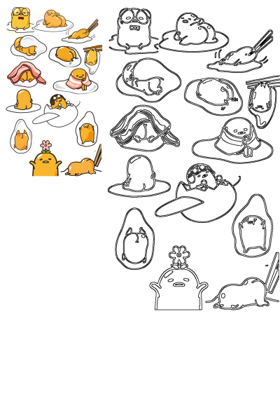 Gudetama, the lazy egg yolk character, shown in multiple cartoon illustrations and outline art with various cute poses.