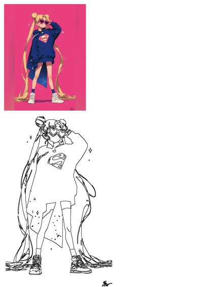 Anime girl Sailor Moon in Superman cosplay, wearing a blue hoodie, pink heart sunglasses, and a starry cape on pink background.