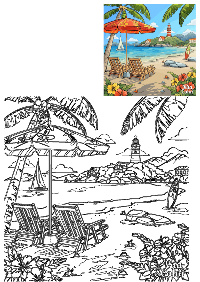 Vibrant tropical beach scene with two chairs, red umbrella, and surfboard on sand. Features a distant lighthouse, sailboat, and hibiscus flowers.