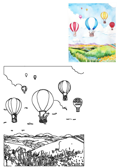 Whimsical watercolor of colorful hot air balloons with cute animals floating above vibrant flower fields, green hills, and a rainbow.