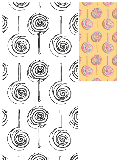A split image featuring a vibrant pattern of pastel swirl lollipops on a yellow background alongside their black line art outlines.