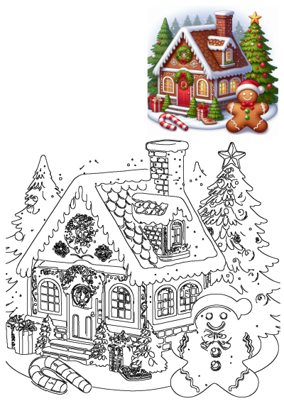 A festive gingerbread house scene with Christmas trees, gifts, candy canes, and a gingerbread man, presented in both full color and black-and-white outline.