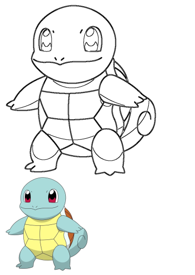 A cute blue and yellow Squirtle Pokemon turtle with big eyes, shown both as line art and a colored illustration.