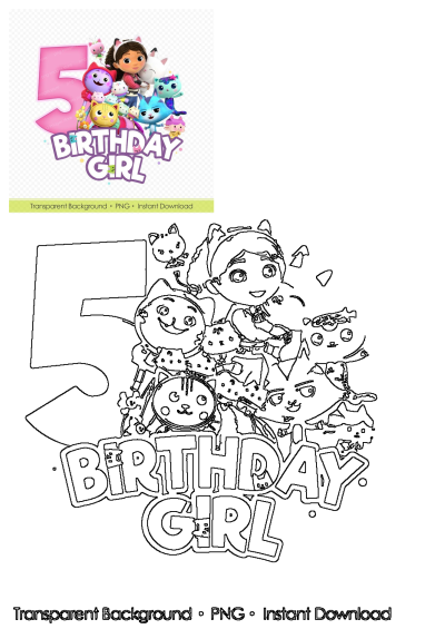 Gabby's Dollhouse 5th birthday girl design featuring Gabby and cute cat friends. Includes vibrant PNG and outline for coloring or crafts.