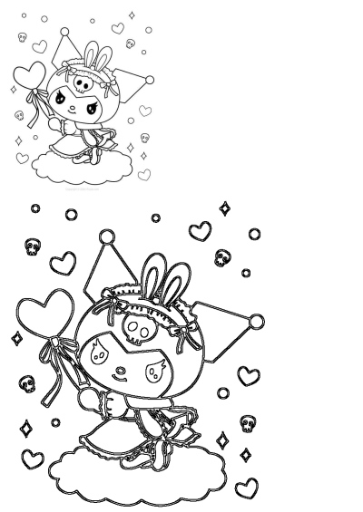 Cute kawaii Kuromi in a bunny costume, holding a heart wand, floating on a cloud with hearts and skulls.