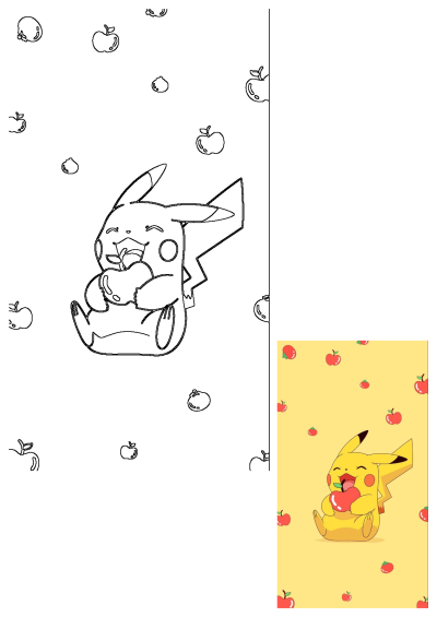 Cute Pokemon character Pikachu joyfully eating a red apple, depicted in both vibrant color and as a black-and-white outline.