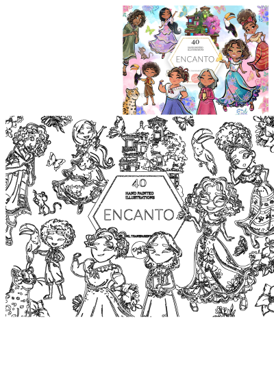 Vibrant Encanto character illustrations featuring Mirabel, Bruno, Isabela, and the Madrigal family, with Casita and animal friends. Both colorful and outline versions.