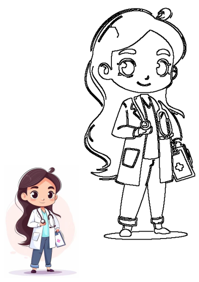 A cute cartoon girl doctor wearing a lab coat with a stethoscope and holding a clipboard, presented alongside an outline drawing.