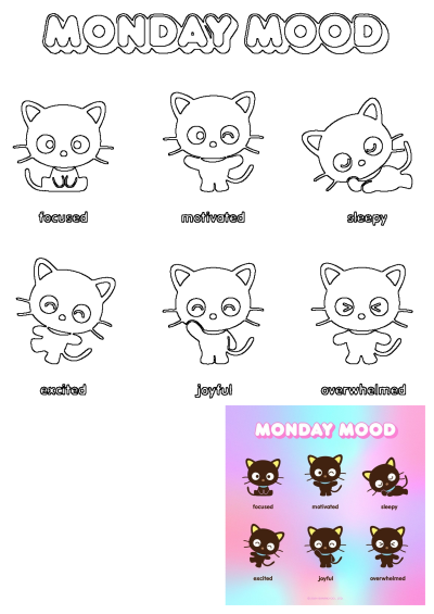 Monday Mood Cartoon Cat Expressions. Six cats show focused, sleepy, joyful, overwhelmed feelings; in outline and colored art.