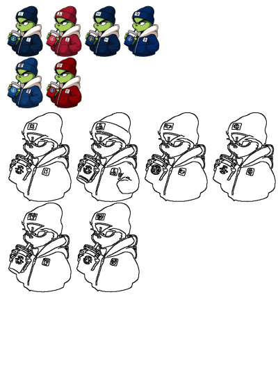 Grinch wearing sports team outfits, showing cartoon characters in blue and red beanies and jackets, sipping coffee. Includes outline versions for fans.