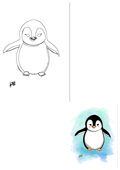 A cute penguin drawing, showing both a black outline sketch with closed eyes and a vibrant colored illustration with rosy cheeks on a watercolor background.