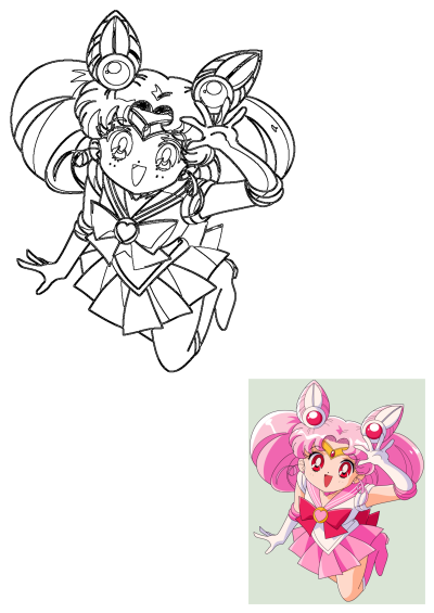 A cheerful Chibi Usa from Sailor Moon, depicted in her signature pink sailor dress, with bright red eyes and pink hair, smiling in an energetic pose.