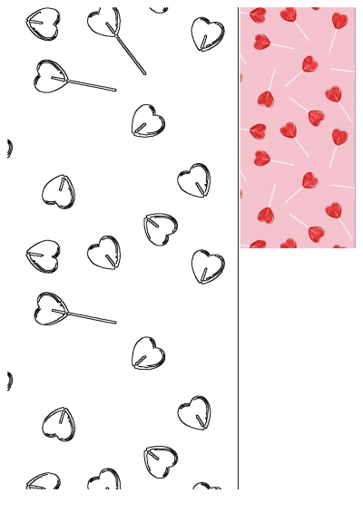 A vibrant pattern of red heart lollipops on a pink background, alongside outlines of heart lollipops for a sweet Valentine's treat.