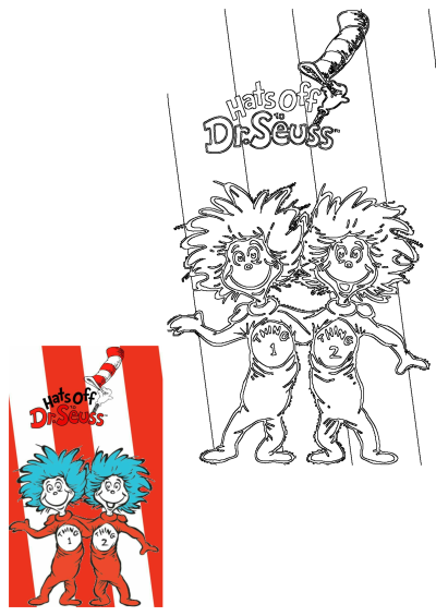 Hats Off To Dr. Seuss tribute artwork featuring Thing One and Thing Two from The Cat in the Hat in both color and outline.