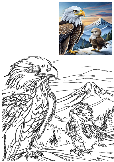 A coloring page of two bald eagles on a snowy hill with majestic mountains and pine trees in the dramatic backdrop.
