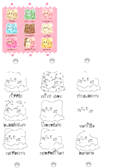 A vibrant grid of cute cat-shaped ice cream flavors: ripple, mint chocolate, strawberry, bubblegum, vanilla, raspberry, Neapolitan, banana.
