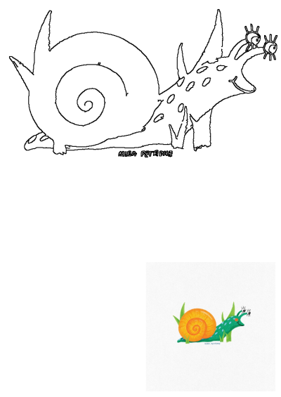 A vibrant cartoon illustration of an orange-shelled snail with a green body, featuring whimsical bug-like eyes and surrounded by fresh green leaves.