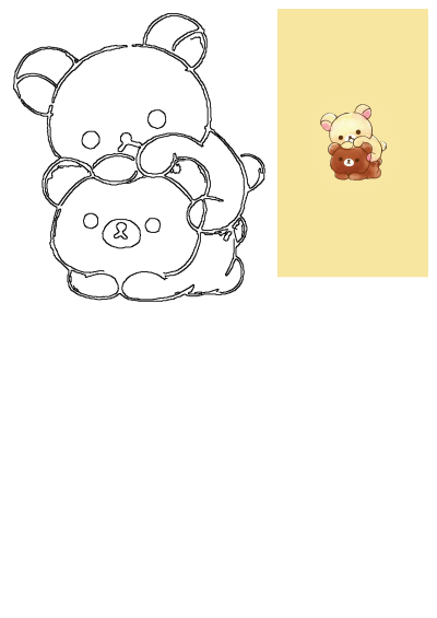 Adorable light and dark brown teddy bears hugging on a soft yellow background. Also includes a black outline drawing of the same cute bears.