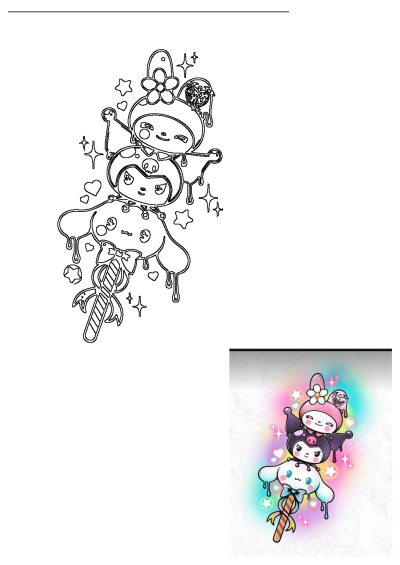 Cute Sanrio characters My Melody, Kuromi, and Cinnamoroll stacked as a drippy lollipop on a rainbow background.