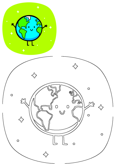 Smiling cartoon Earth with blue oceans and green continents, hands up, set against a vibrant green starry background. Includes an outline version.