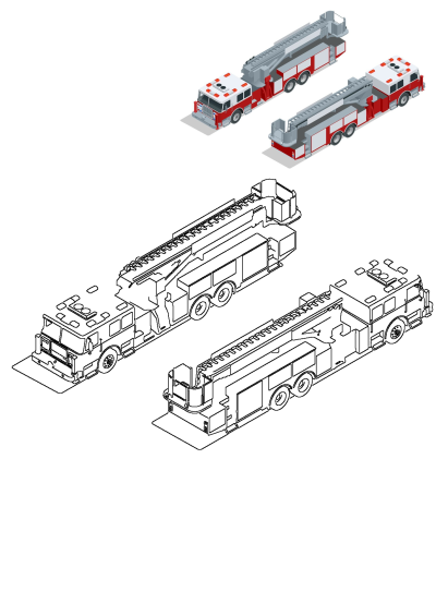 Two fire trucks displayed side by side in isometric illustration and outline drawing styles, facing different directions.