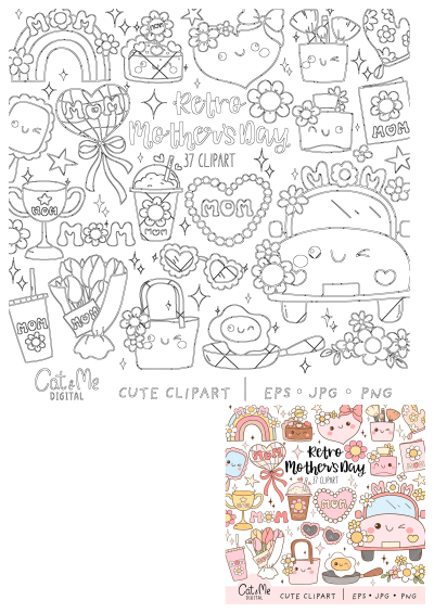 Retro Mother's Day clipart bundle with cute kawaii illustrations: rainbow, car, cake, flowers, MOM text, and charming characters.