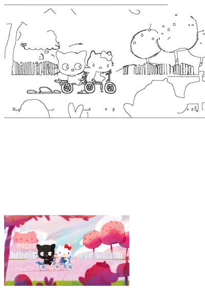 Hello Kitty and a black cat joyfully ride bicycles through a vibrant, whimsical landscape with pink trees and a house.