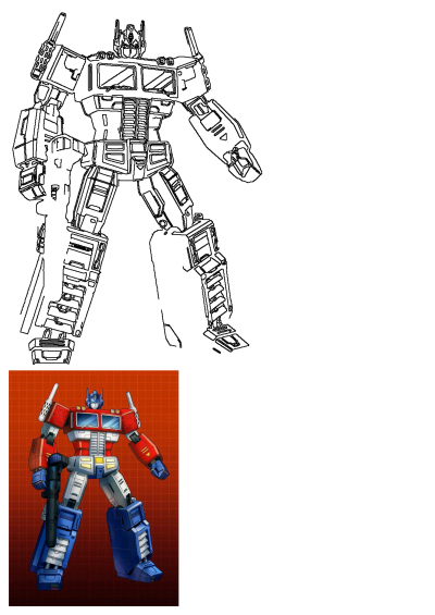 Detailed Optimus Prime line art alongside a vibrant full-color illustration, showcasing the iconic standing robot.